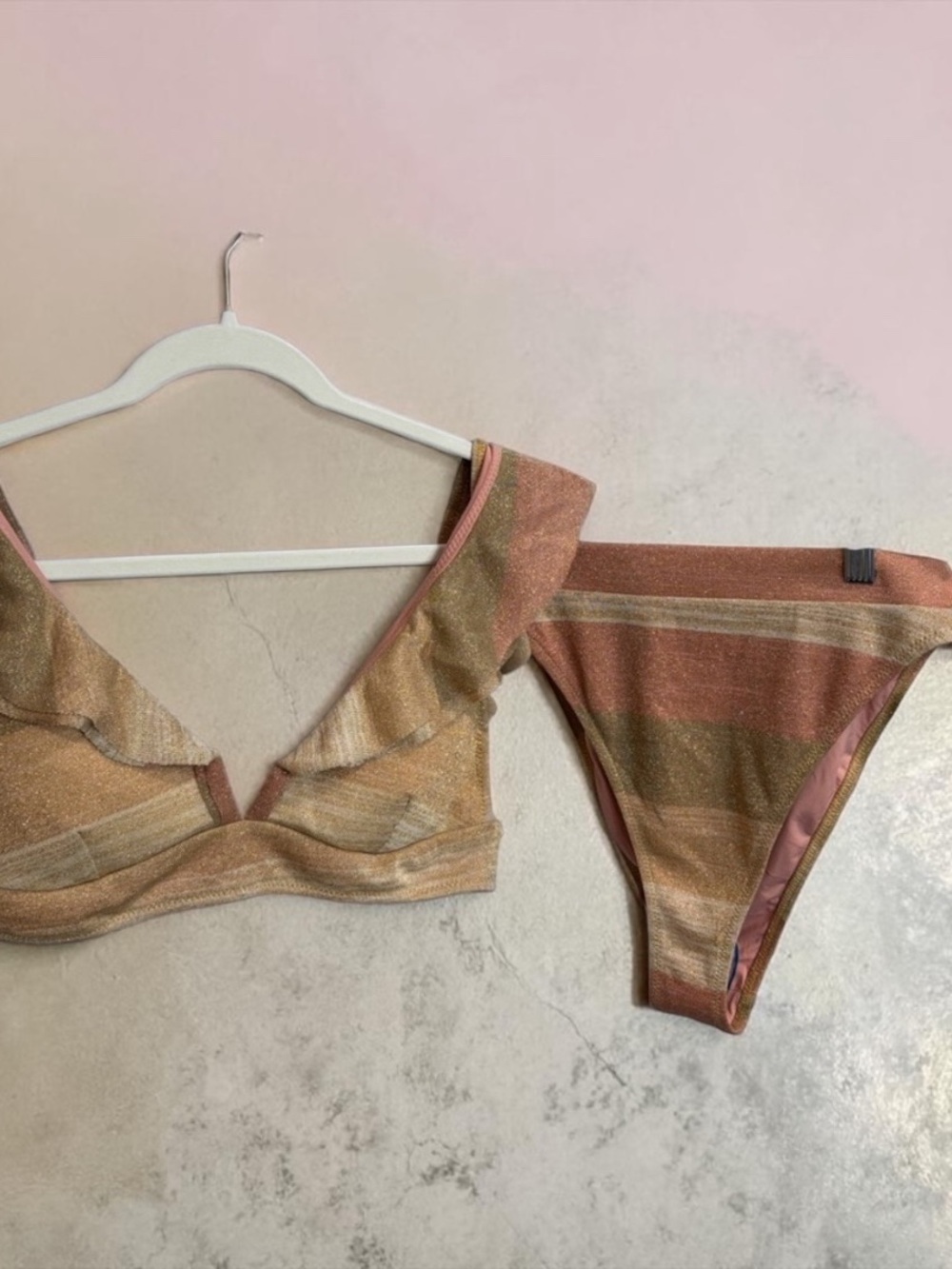 Wet Seal Pink & Gold Striped Ruffle Bandeau Top with Matching Bottom